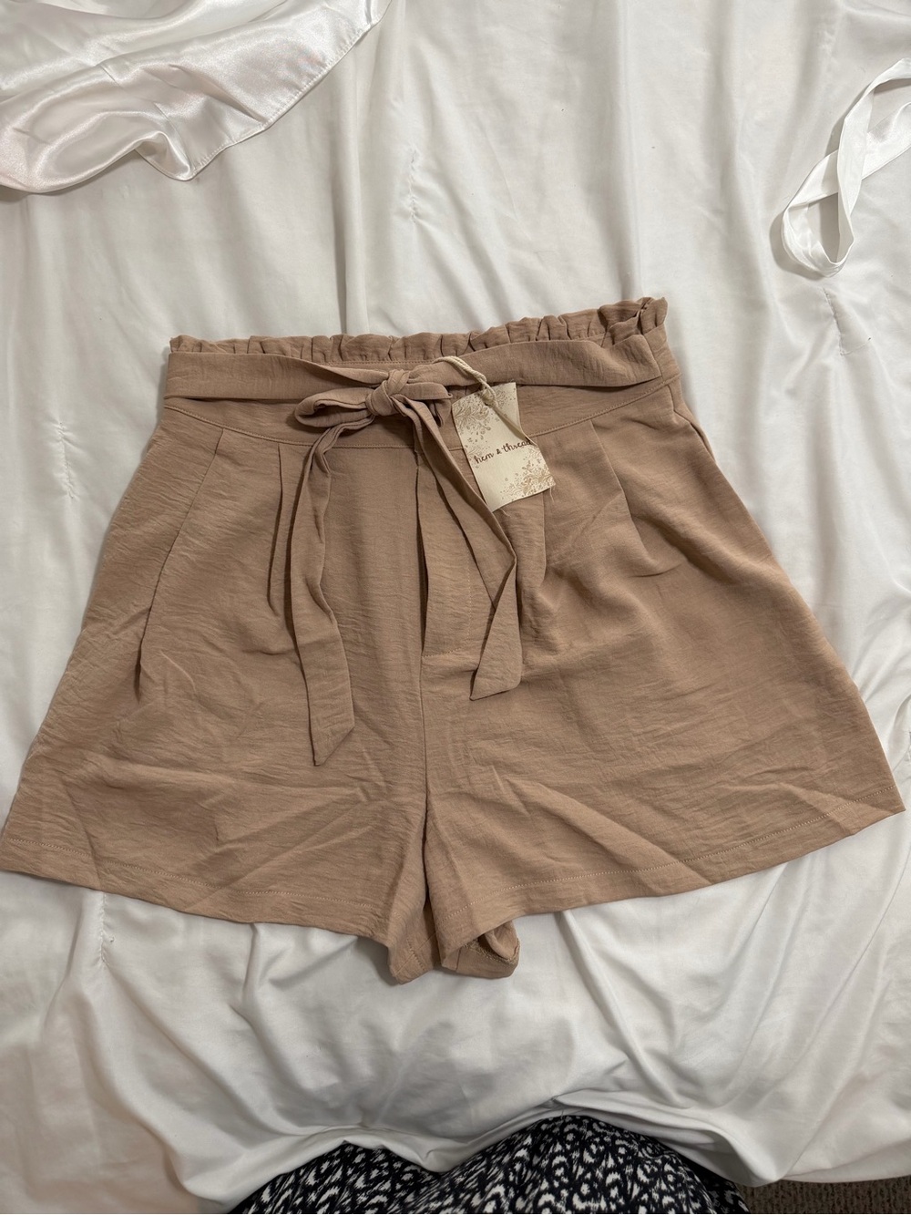 Hem & Thread High-Waist Paperbag Shorts - Taupe
